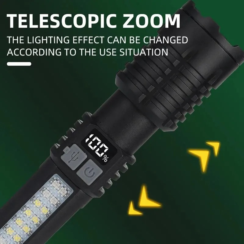 High Power Tactical LED Flashlight USB Rechargeable Camping Torch With Telescopic Zoom Built In Ba 2