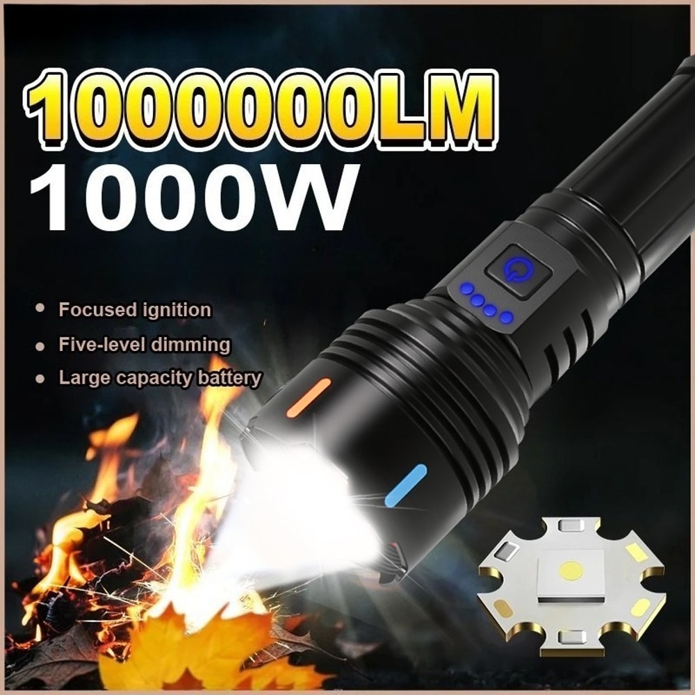 High Power LED Flashlight Rechargeable Type C Zoom Torch Window Breaker For Outdoor Camping Hiking 0