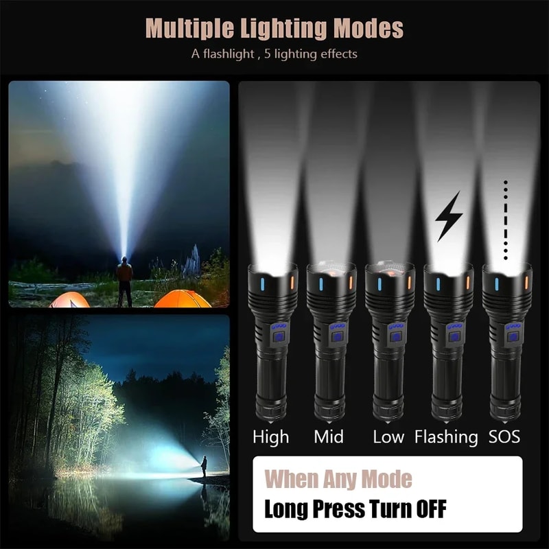 High Power LED Flashlight Rechargeable Type C Zoom Torch Window Breaker For Outdoor Camping Hiking 2