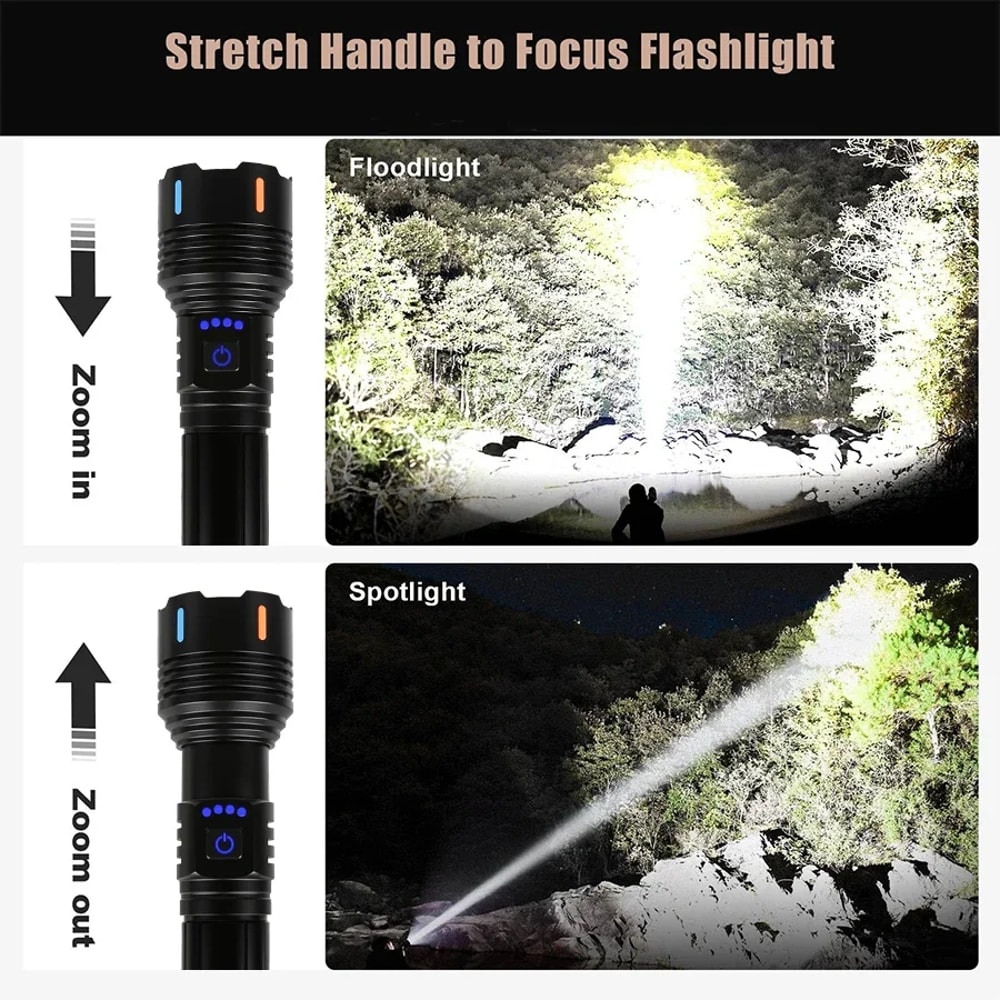 High Power LED Flashlight Rechargeable Type C Zoom Torch Window Breaker For Outdoor Camping Hiking 3