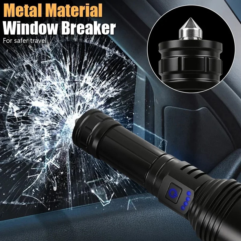 High Power LED Flashlight Rechargeable Type C Zoom Torch Window Breaker For Outdoor Camping Hiking 5