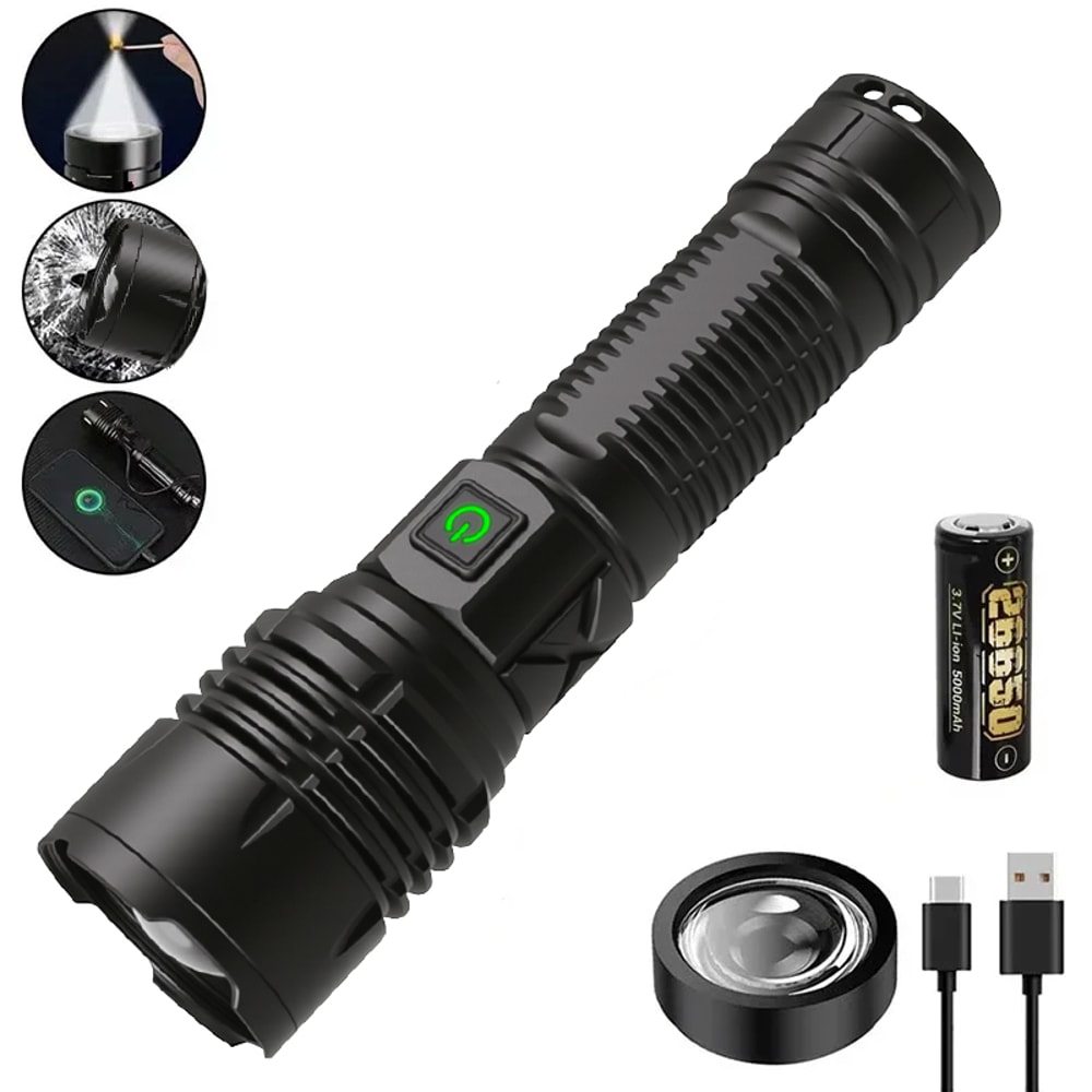 High Power LED Flashlight Rechargeable Type C Zoom Torch Window Breaker For Outdoor Camping Hiking 11