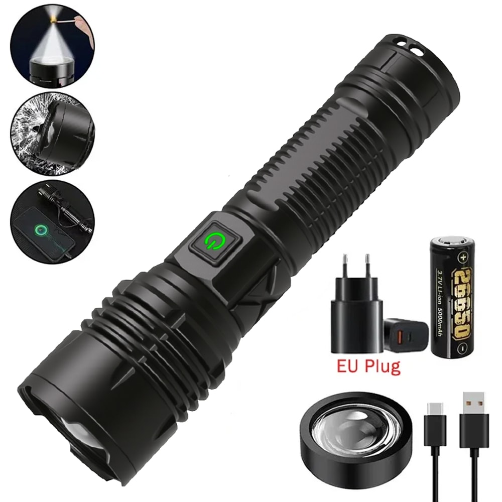 High Power LED Flashlight Rechargeable Type C Zoom Torch Window Breaker For Outdoor Camping Hiking 8