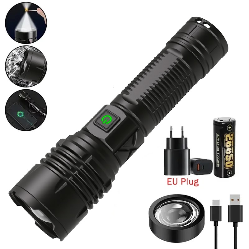 High Power LED Flashlight Rechargeable Type C Zoom Torch Window Breaker For Outdoor Camping Hiking 8