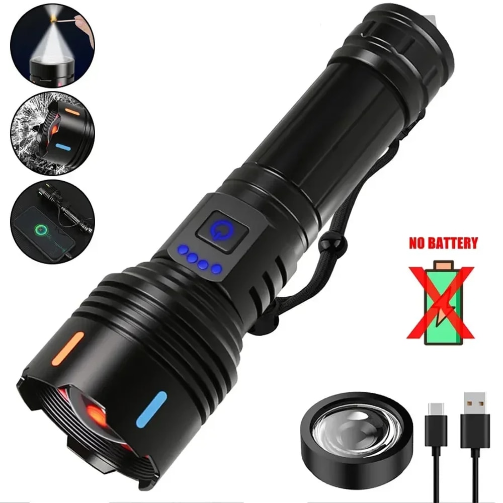 High Power LED Flashlight Rechargeable Type C Zoom Torch Window Breaker For Outdoor Camping Hiking 6