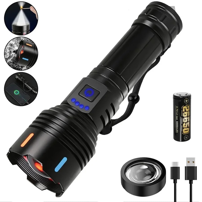 High Power LED Flashlight Rechargeable Type C Zoom Torch Window Breaker For Outdoor Camping Hiking 9