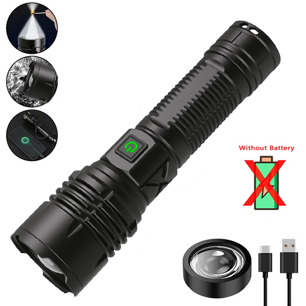 High Power LED Flashlight Rechargeable Type C Zoom Torch Window Breaker For Outdoor Camping Hiking 7