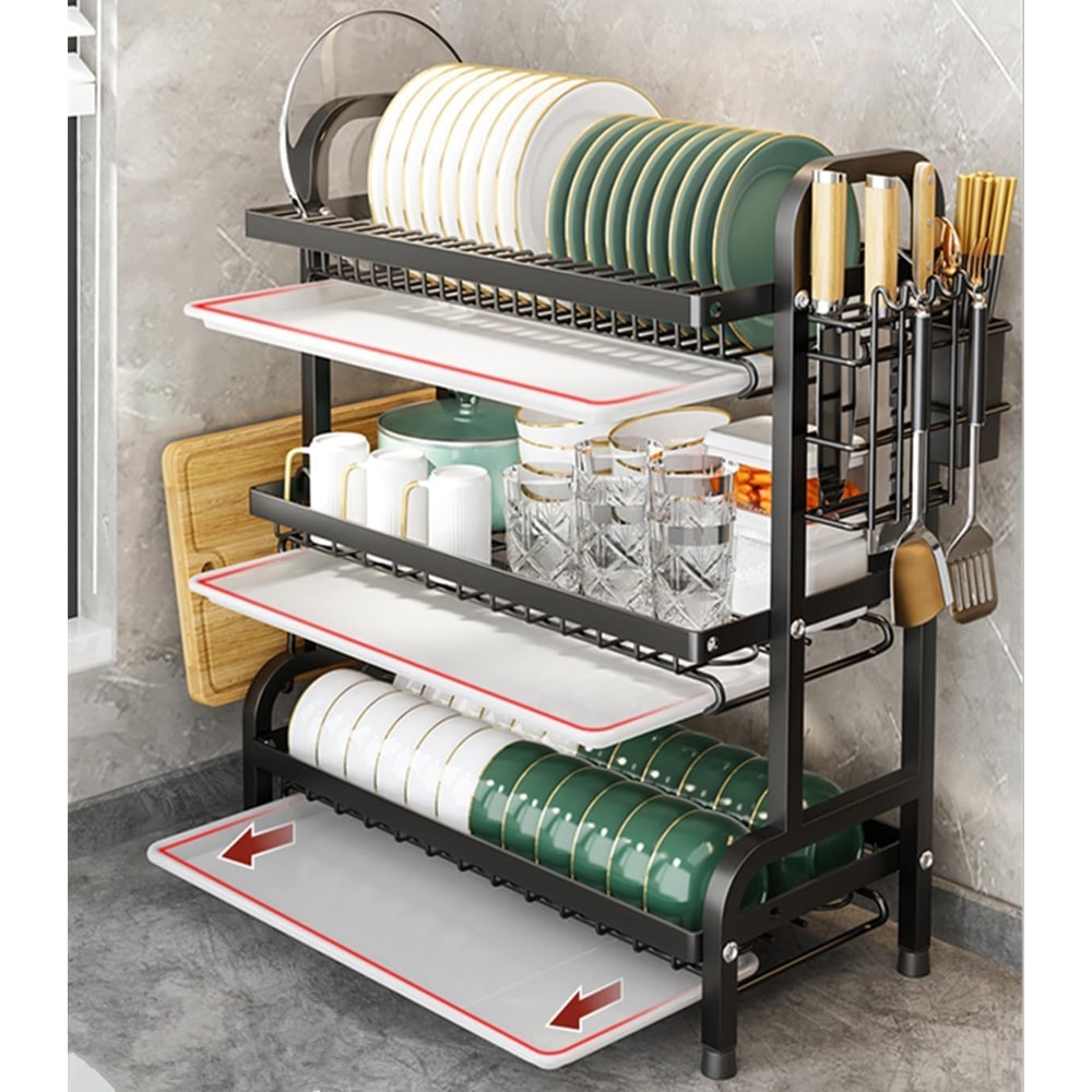 Three Tier Space Saving Dish Rack Large Capacity Kitchen Countertop Drainer for Tableware & Utensils