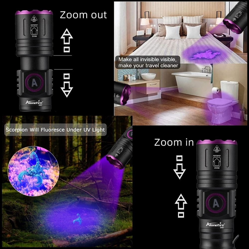 Zoom UV LED Flashlight Type C Rechargeable Invisible Ink Marker for Pet Urine, Tinea, Money, and Scorpions