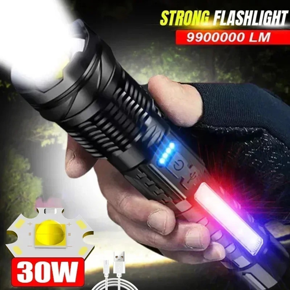 High Power LED Flashlight With Rechargeable Built In Battery Type C Charging Tactical Torch For Out 0
