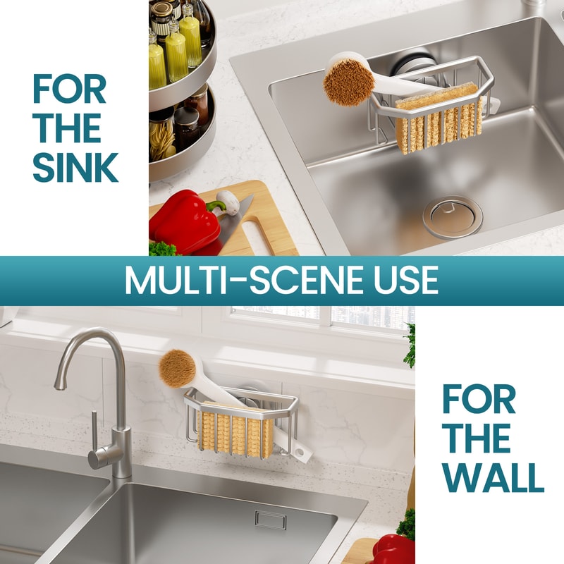 TAILI Rustproof Aluminum Sink Caddy with Strong Suction Cup Removable Sponge & Brush Holder for Kitchen Sink