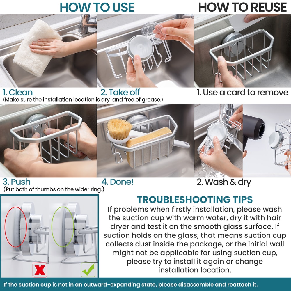 TAILI Rustproof Aluminum Sink Caddy with Strong Suction Cup Removable Sponge & Brush Holder for Kitchen Sink
