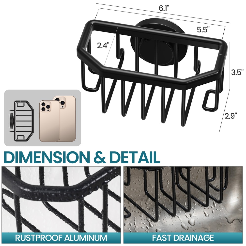 TAILI Rustproof Aluminum Sink Caddy with Strong Suction Cup Removable Sponge & Brush Holder for Kitchen Sink