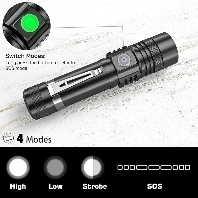 Type C Rechargeable Tactical Flashlight Waterproof LED Torch For Camping Hiking Cycling 2