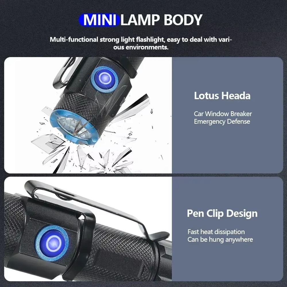 Ultra Bright Mini LED Flashlight with Tail Magnet USB C Rechargeable Camping, Hunting, and Emergency Lamp