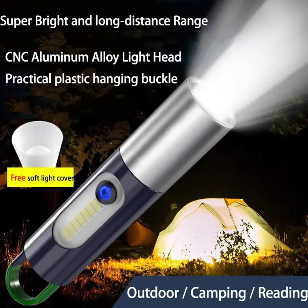 USB Rechargeable LED Flashlight Torch | Strong Light Zoomable Lantern with Hook for Camping