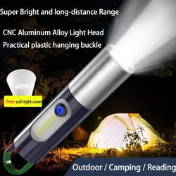 usb rechargeable led flashlight torch | strong light zoomable lantern with hook for camping