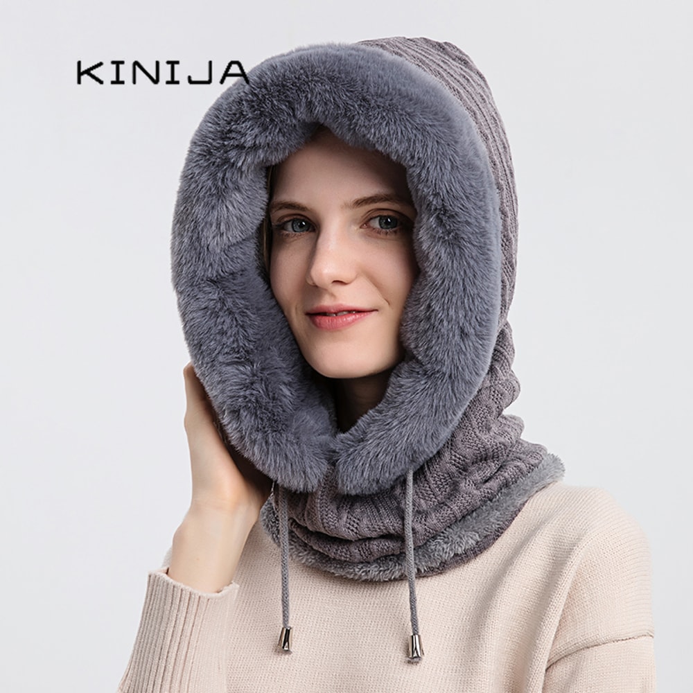 Winter Fur Hooded Mask Set For Women Knitted Cashmere Neck Warmer Windproof Balaclava Ski Hat 3