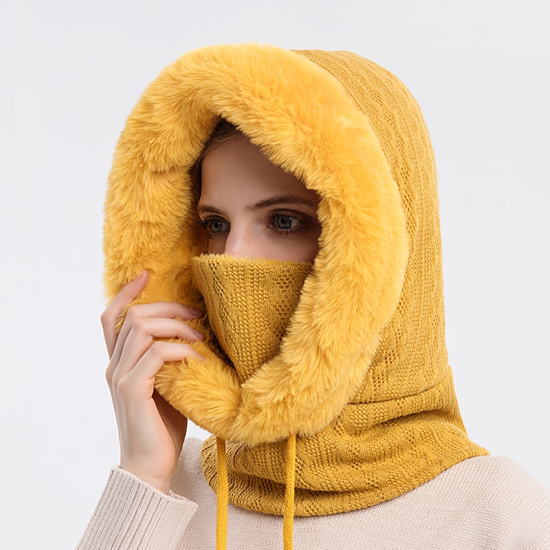 Winter Fur Hooded Mask Set For Women Knitted Cashmere Neck Warmer Windproof Balaclava Ski Hat 9