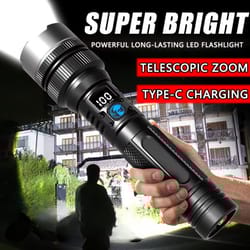 high power led flashlight with zoom, digital display, and usb rechargeable feature for camping and hiking
