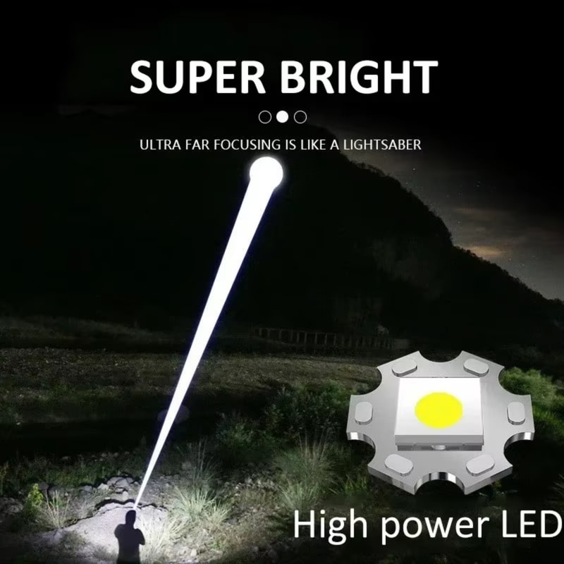 High Power LED Flashlight with Zoom, Digital Display, and USB Rechargeable Feature for Camping and Hiking