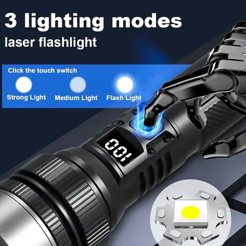 High Power LED Flashlight with Zoom, Digital Display, and USB Rechargeable Feature for Camping and Hiking