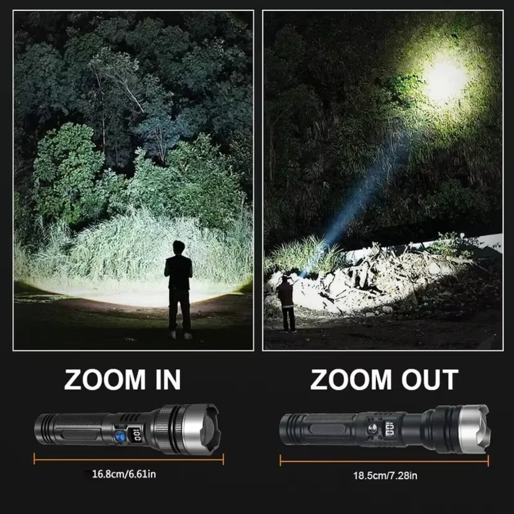 High Power LED Flashlight with Zoom, Digital Display, and USB Rechargeable Feature for Camping and Hiking