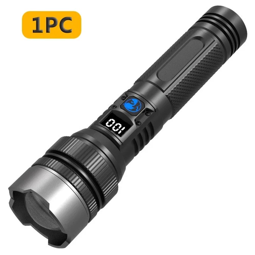 High Power LED Flashlight with Zoom, Digital Display, and USB Rechargeable Feature for Camping and Hiking