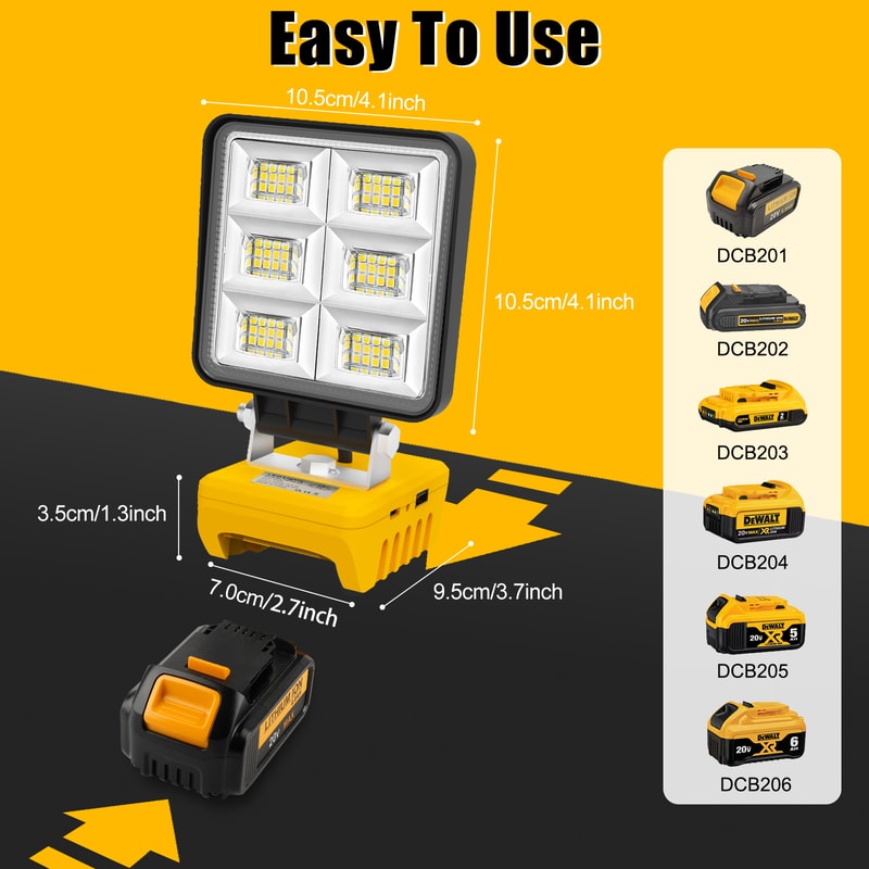 Portable LED Work Light Cordless Rechargeable Flood Light for DeWalt, Adjustable Base, No Battery