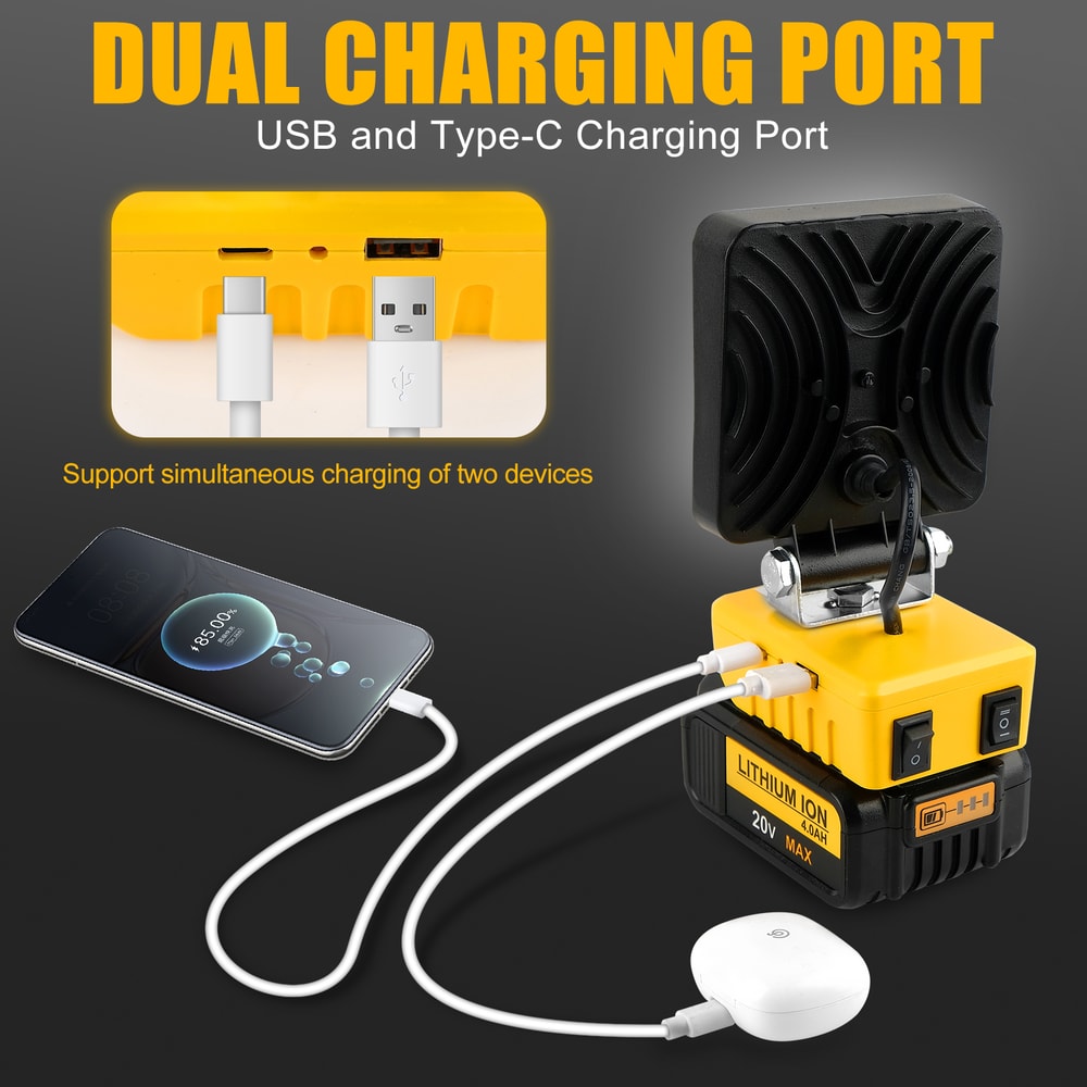 Portable LED Work Light Cordless Rechargeable Flood Light for DeWalt, Adjustable Base, No Battery