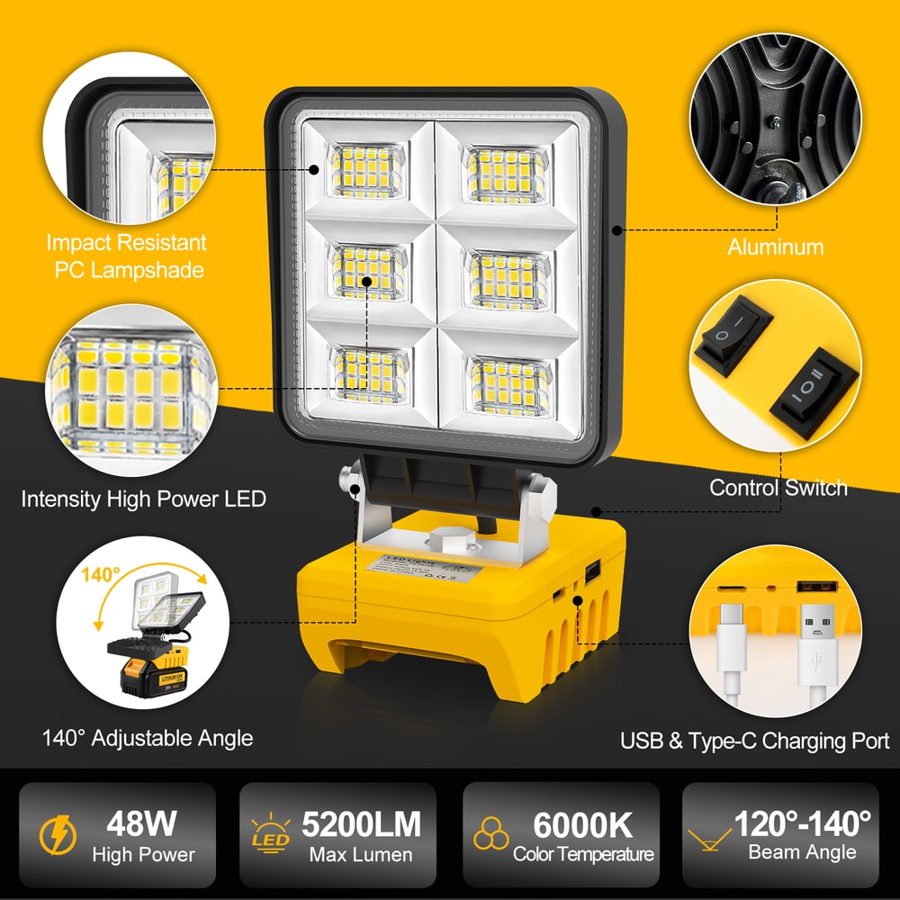 Portable LED Work Light Cordless Rechargeable Flood Light for DeWalt, Adjustable Base, No Battery
