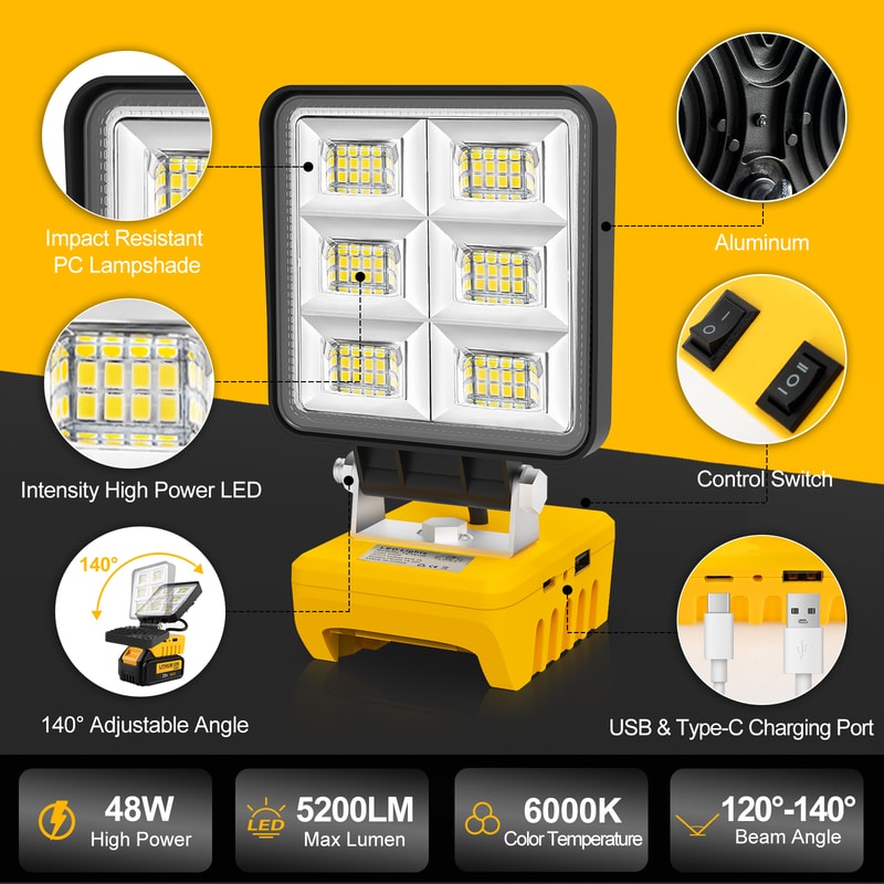 Portable LED Work Light Cordless Rechargeable Flood Light for DeWalt, Adjustable Base, No Battery