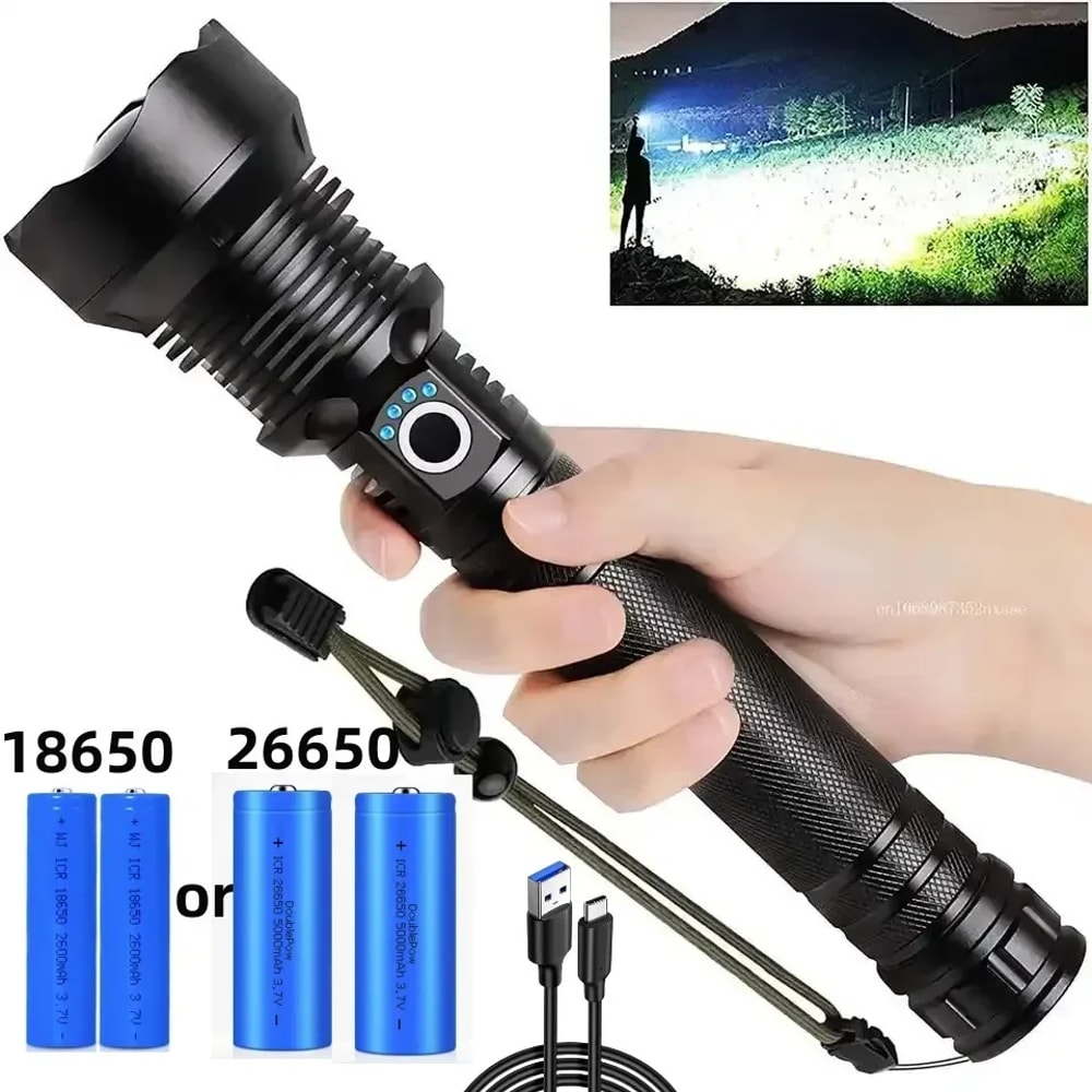 Super Bright USB Rechargeable Tactical Flashlight Zoom LED Torch with Battery for Outdoor Adventur