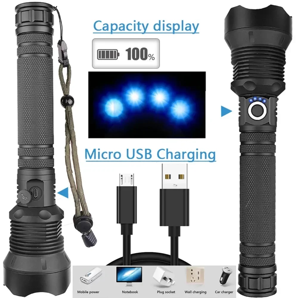 Super Bright USB Rechargeable Tactical Flashlight Zoom LED Torch with Battery for Outdoor Adventur