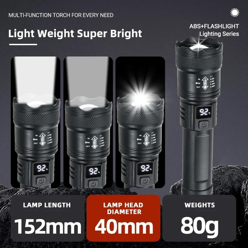 Tactical LED Flashlight with USB Charging, Zoom Lantern for Camping & Emergency Use