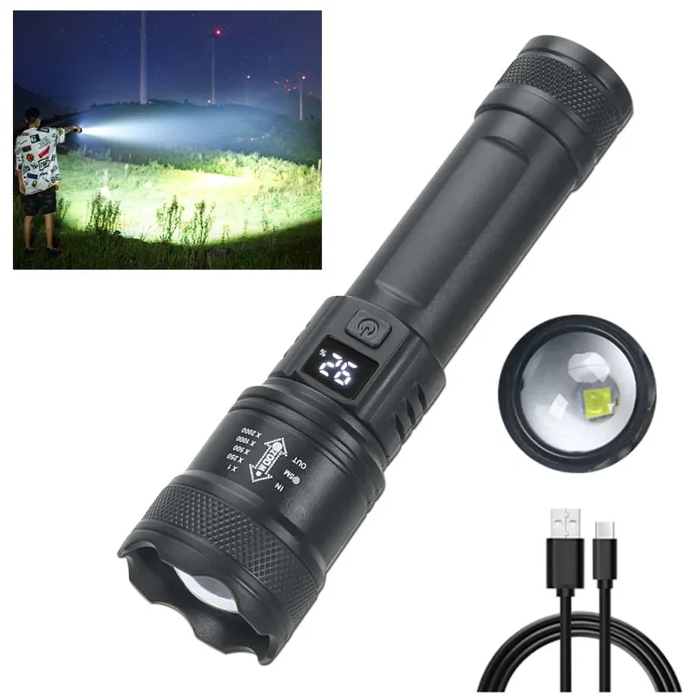 Tactical LED Flashlight with USB Charging, Zoom Lantern for Camping & Emergency Use