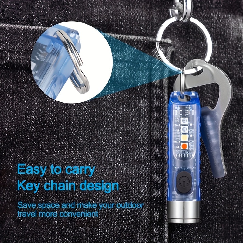 Mini Keychain LED Flashlight USB Rechargeable, Waterproof, Red & Blue Warning Lights, Perfect for Camping & Fishing