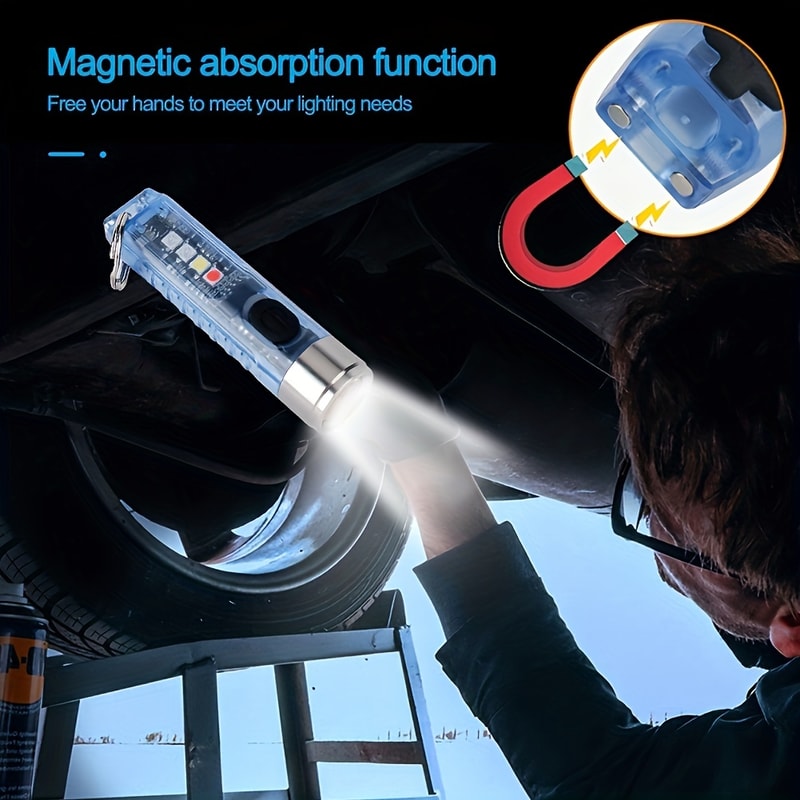 Mini Keychain LED Flashlight USB Rechargeable, Waterproof, Red & Blue Warning Lights, Perfect for Camping & Fishing