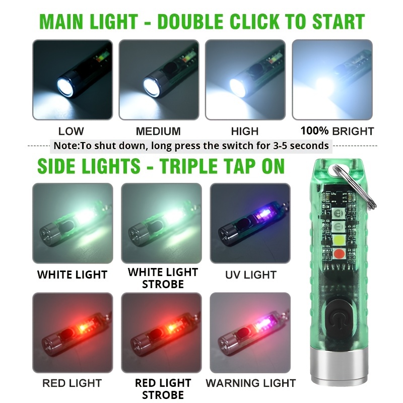 Mini Keychain LED Flashlight USB Rechargeable, Waterproof, Red & Blue Warning Lights, Perfect for Camping & Fishing