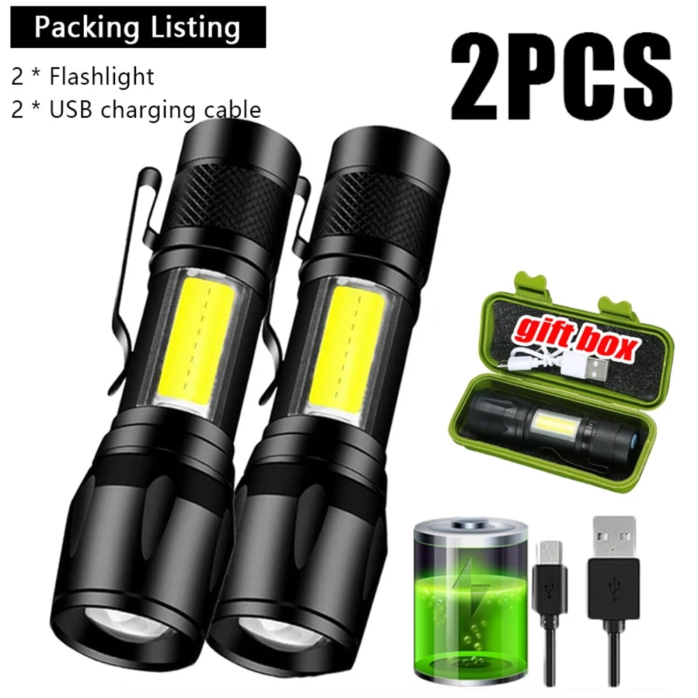 Mini LED Flashlight COB XPE Portable Torch USB Charging Camping Lantern With Zoomable Focus And Pen