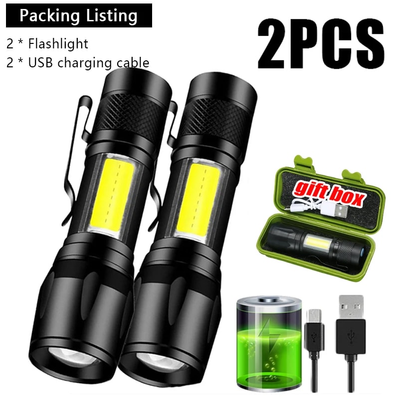 Mini LED Flashlight COB XPE Portable Torch USB Charging Camping Lantern With Zoomable Focus And Pen
