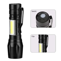 mini led flashlight cob xpe portable torch, usb charging camping lantern with zoomable focus and pen clip
