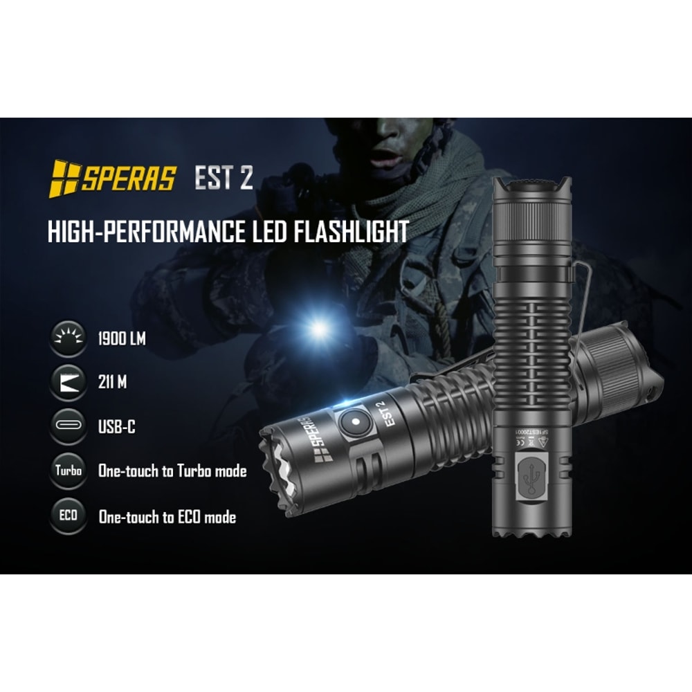 SPERAS EST2 SST LED Rechargeable Flashlight Type C, , Ultra Powerful Torch for Camping, EDC Use