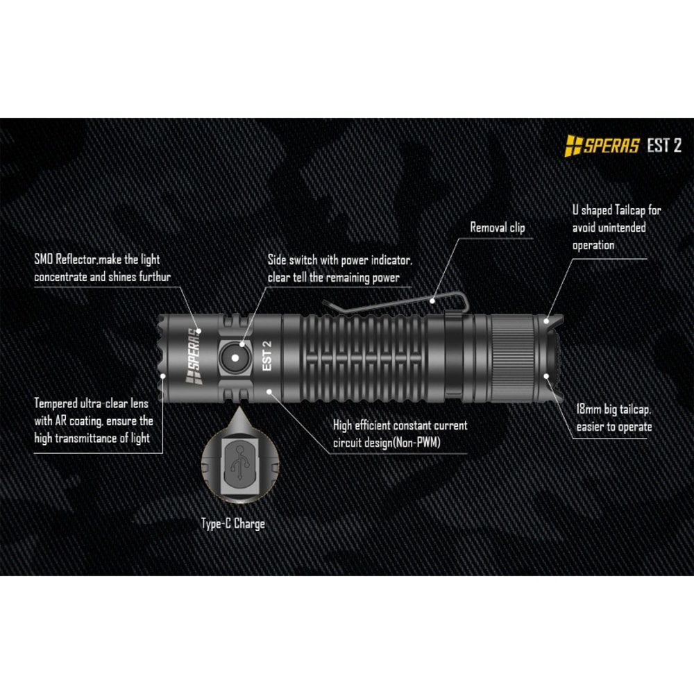 SPERAS EST2 SST LED Rechargeable Flashlight Type C, , Ultra Powerful Torch for Camping, EDC Use