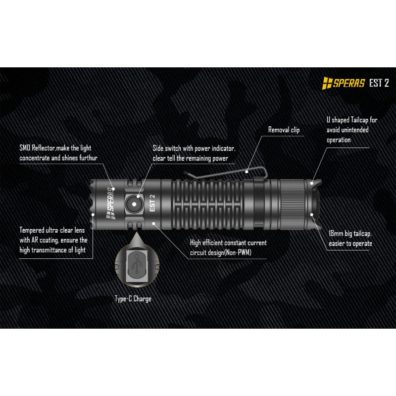 SPERAS EST2 SST LED Rechargeable Flashlight Type C, , Ultra Powerful Torch for Camping, EDC Use