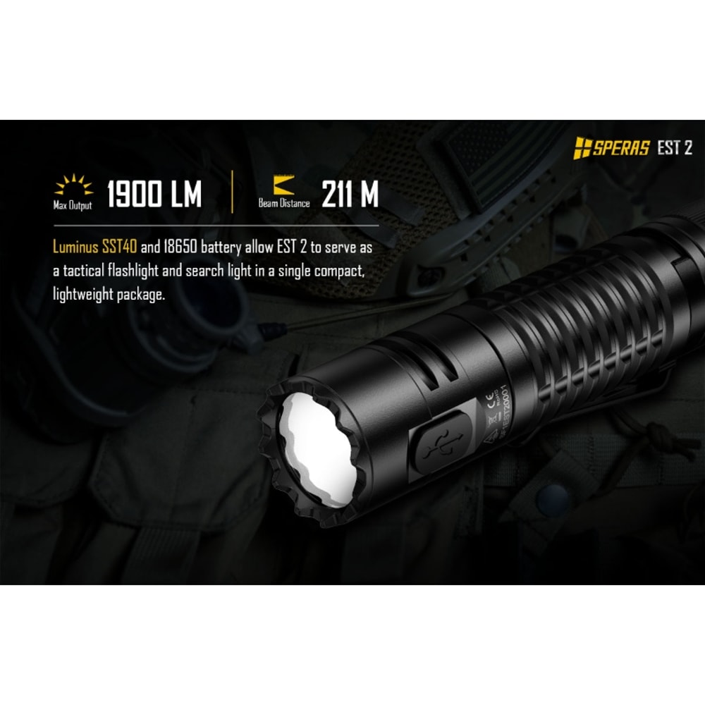 SPERAS EST2 SST LED Rechargeable Flashlight Type C, , Ultra Powerful Torch for Camping, EDC Use
