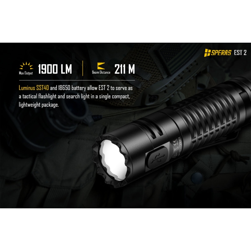 SPERAS EST2 SST LED Rechargeable Flashlight Type C, , Ultra Powerful Torch for Camping, EDC Use