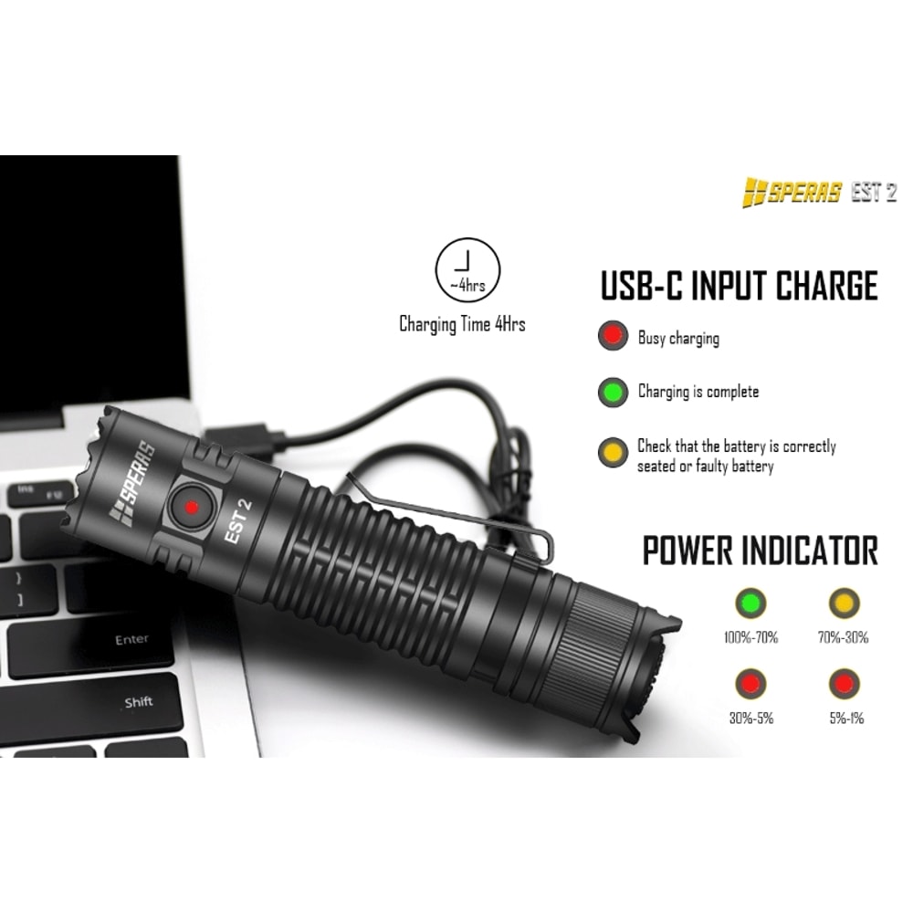 SPERAS EST2 SST LED Rechargeable Flashlight Type C, , Ultra Powerful Torch for Camping, EDC Use