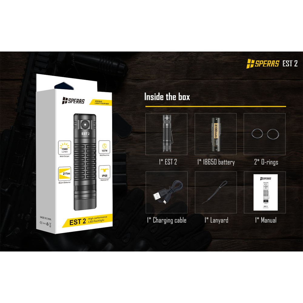 SPERAS EST2 SST LED Rechargeable Flashlight Type C, , Ultra Powerful Torch for Camping, EDC Use