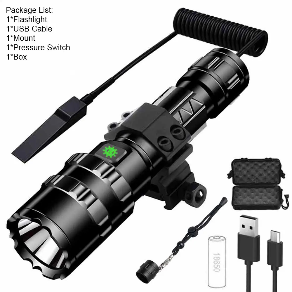 Rechargeable LED Flashlight for Hunting, Waterproof, Portable Outdoor Torch with High-Intensity Lamp Beads